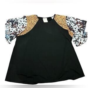 Southern Stitch Womens 3XL Flutter Sleeve Blouse w/Tooled Leather & Cow Trim NWT